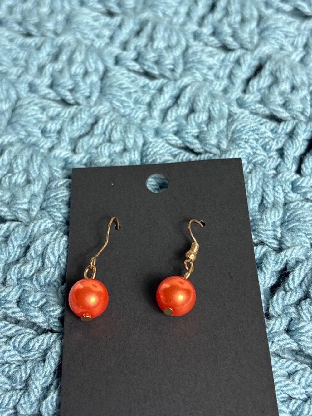 Orange Plastic Bead Dangle Earrings Goldtone Hooks 0.5 inch